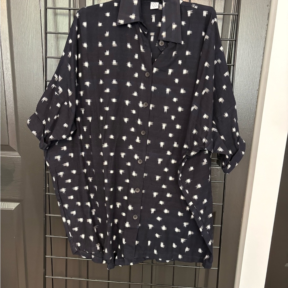 Casual Navy and White Button Down Shirt with Playful Pattern
